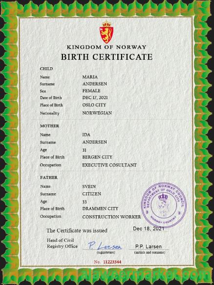 Norway birth certificate PSD template